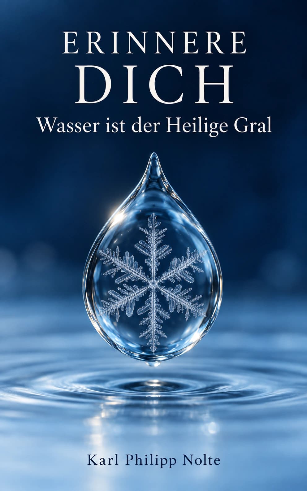Künstlerisch illustriertes Cover: ERINNERE DICH – Wasser ist der Heilige Gral, Karl Philipp Nolte. Ein leuchtender Wassertropfen mit Eiskristall über blauen Wasserringen.