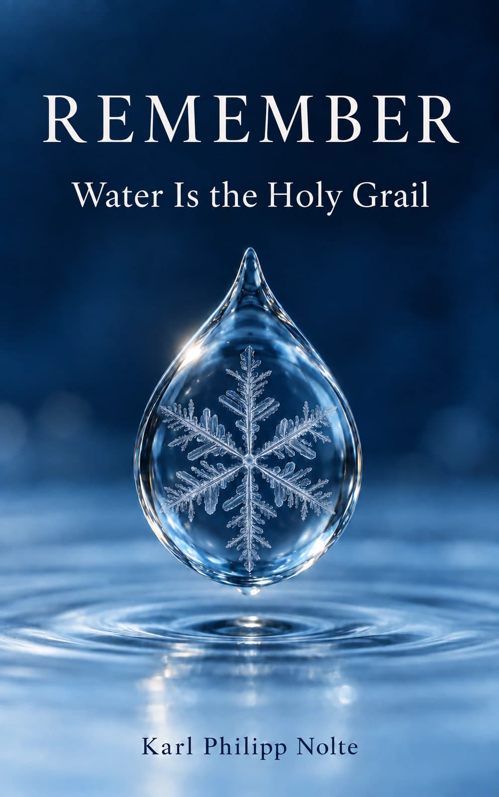Künstlerisch illustriertes Cover: REMEMBER – Water Is the Holy Grail, Karl Philipp Nolte. Ein leuchtender Wassertropfen mit Eiskristall über blauen Wasserringen.