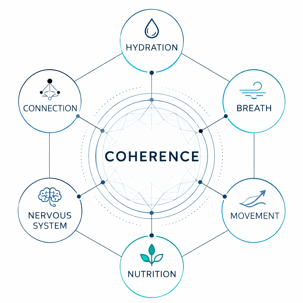 Nexus map: hydration, breath, movement, nutrition, nervous system and connection around coherence.