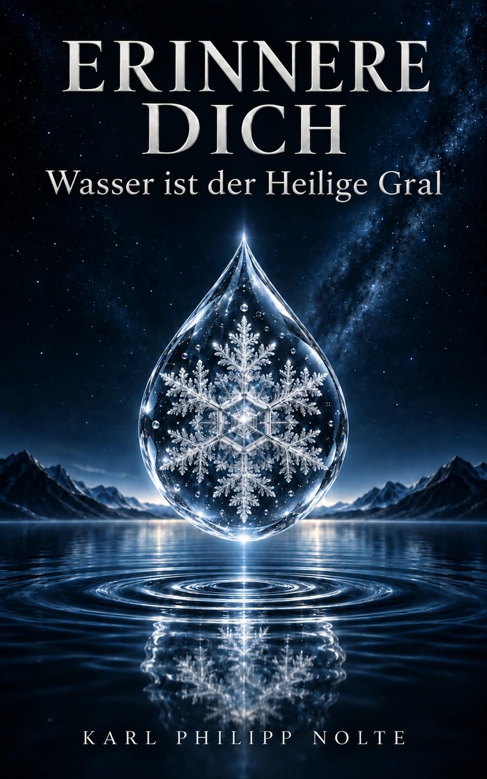 Künstlerisch illustriertes Cover: ERINNERE DICH – Wasser ist der Heilige Gral, Karl Philipp Nolte. Ein leuchtender Wassertropfen mit Eiskristall über blauen Wasserringen.