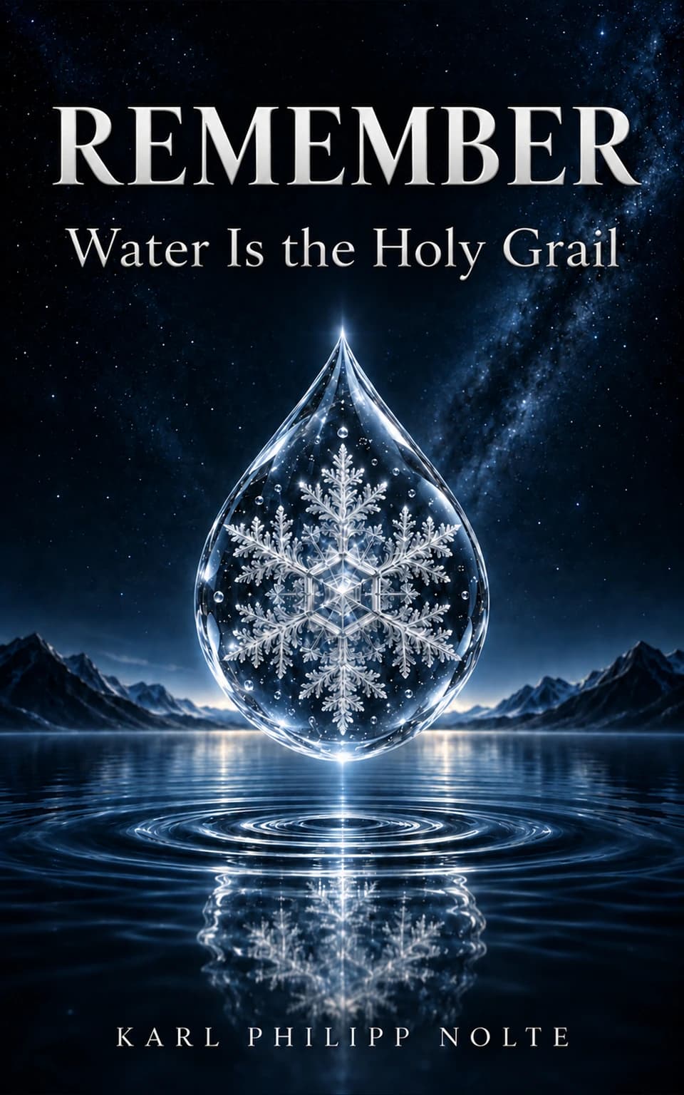 Künstlerisch illustriertes Cover: REMEMBER – Water Is the Holy Grail, Karl Philipp Nolte. Ein leuchtender Wassertropfen mit Eiskristall über blauen Wasserringen.